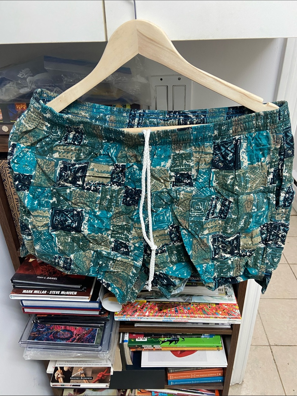Vintage 90’s Jantzen Teal and Seafoam Patchwork Swim Trunks with Drawstring